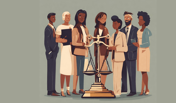 A group of casually dressed individuals gathered around the scales of justice. in a group.